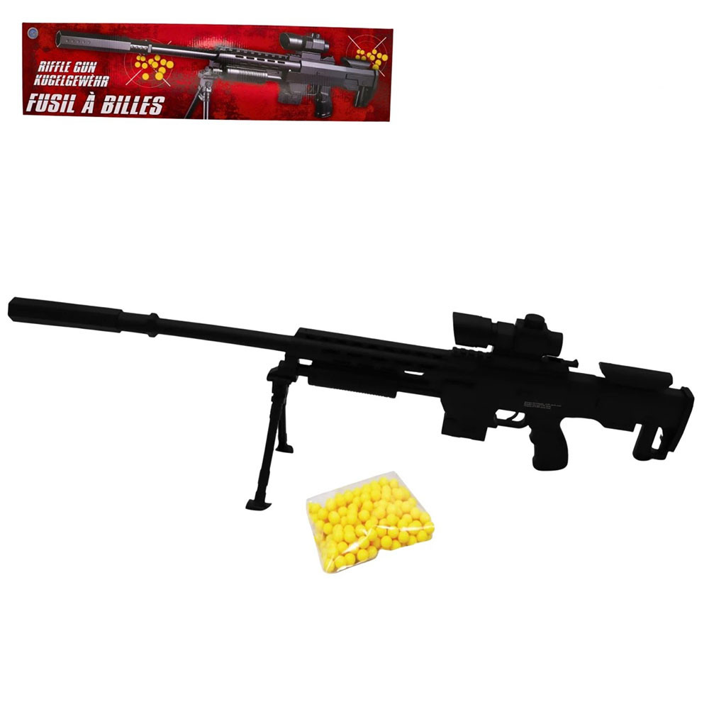 Fusil à billes avec trépied 81 cm – Réplique avec lunette factice, tir coup par coup, puissance 0.5 joule, 18 billes incluses