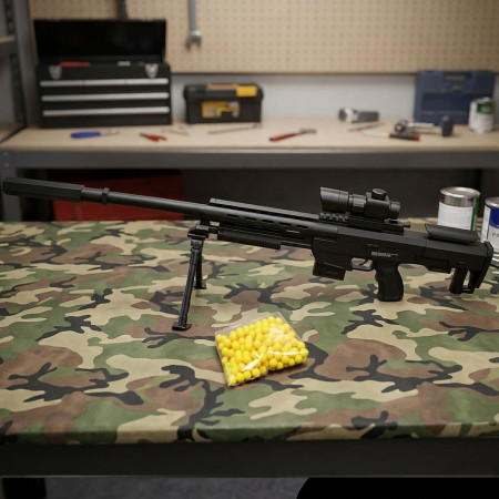 Fusil à billes avec trépied 81 cm – Réplique avec lunette factice, tir coup par coup, puissance 0.5 joule, 18 billes incluses