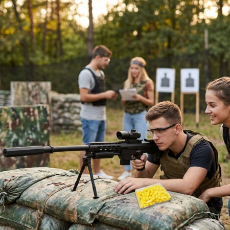 Fusil à billes avec trépied 81 cm – Réplique avec lunette factice, tir coup par coup, puissance 0.5 joule, 18 billes incluses