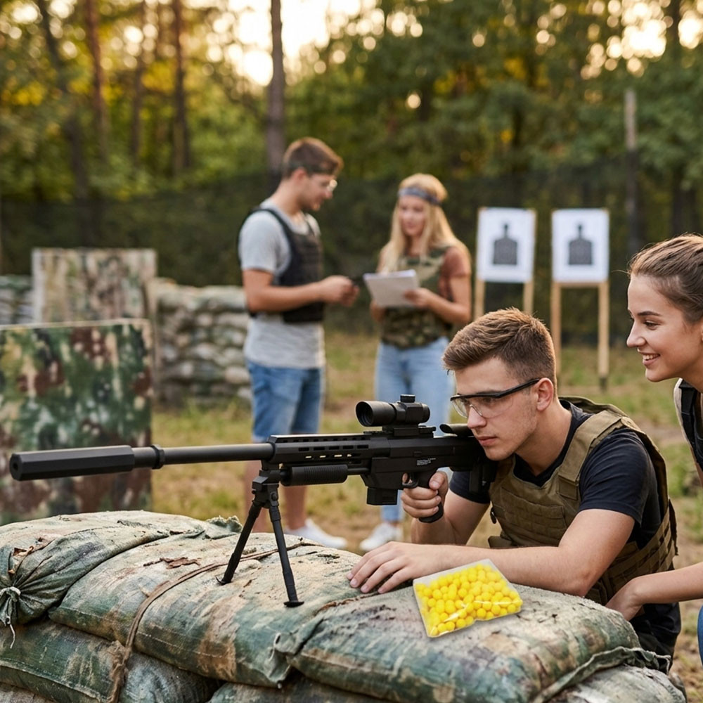 Fusil à billes avec trépied 81 cm – Réplique avec lunette factice, tir coup par coup, puissance 0.5 joule, 18 billes incluses