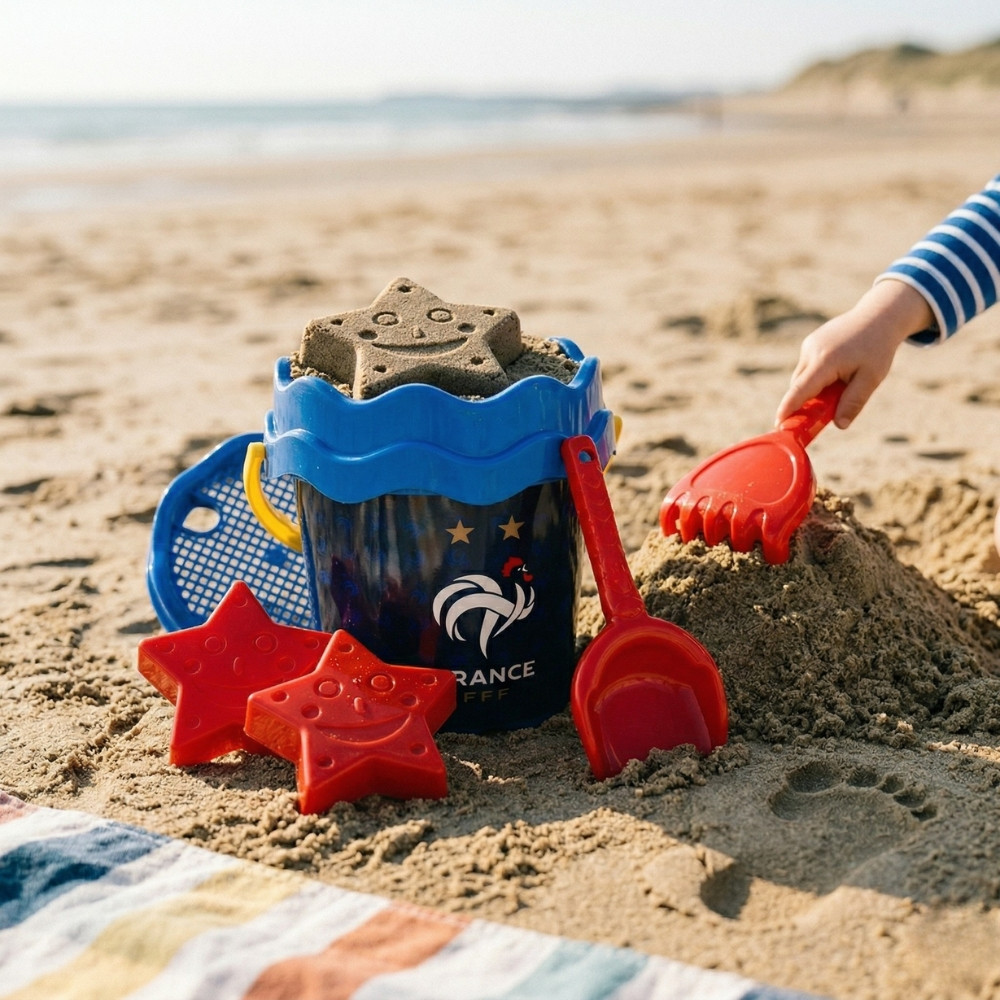 Seau de Plage Garni avec Pelle, Râteau et 2 Étoiles – Produit Officiel Équipe de France FFF, Jeu de Sable pour Enfants