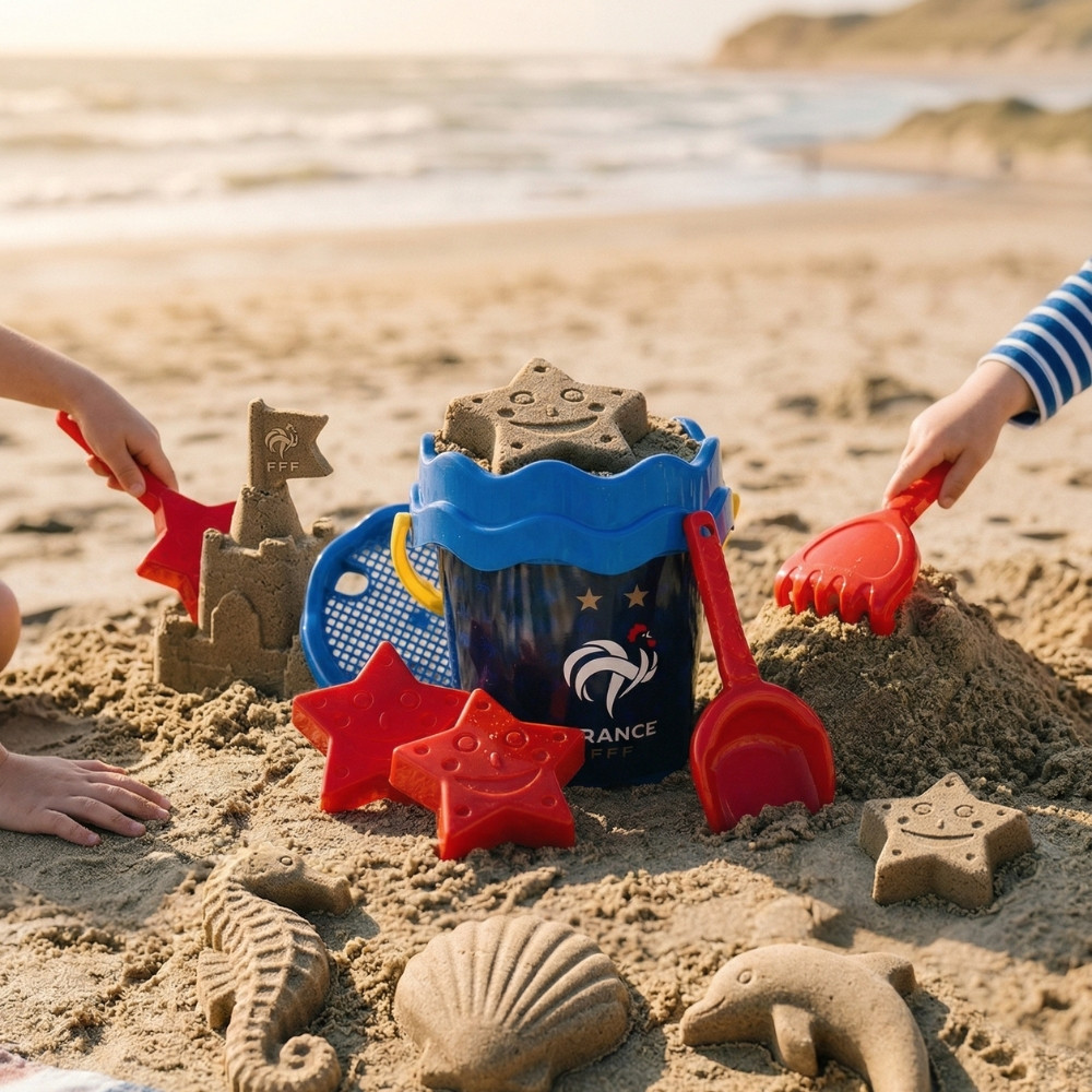 Seau de Plage Garni avec Pelle, Râteau et 2 Étoiles – Produit Officiel Équipe de France FFF, Jeu de Sable pour Enfants