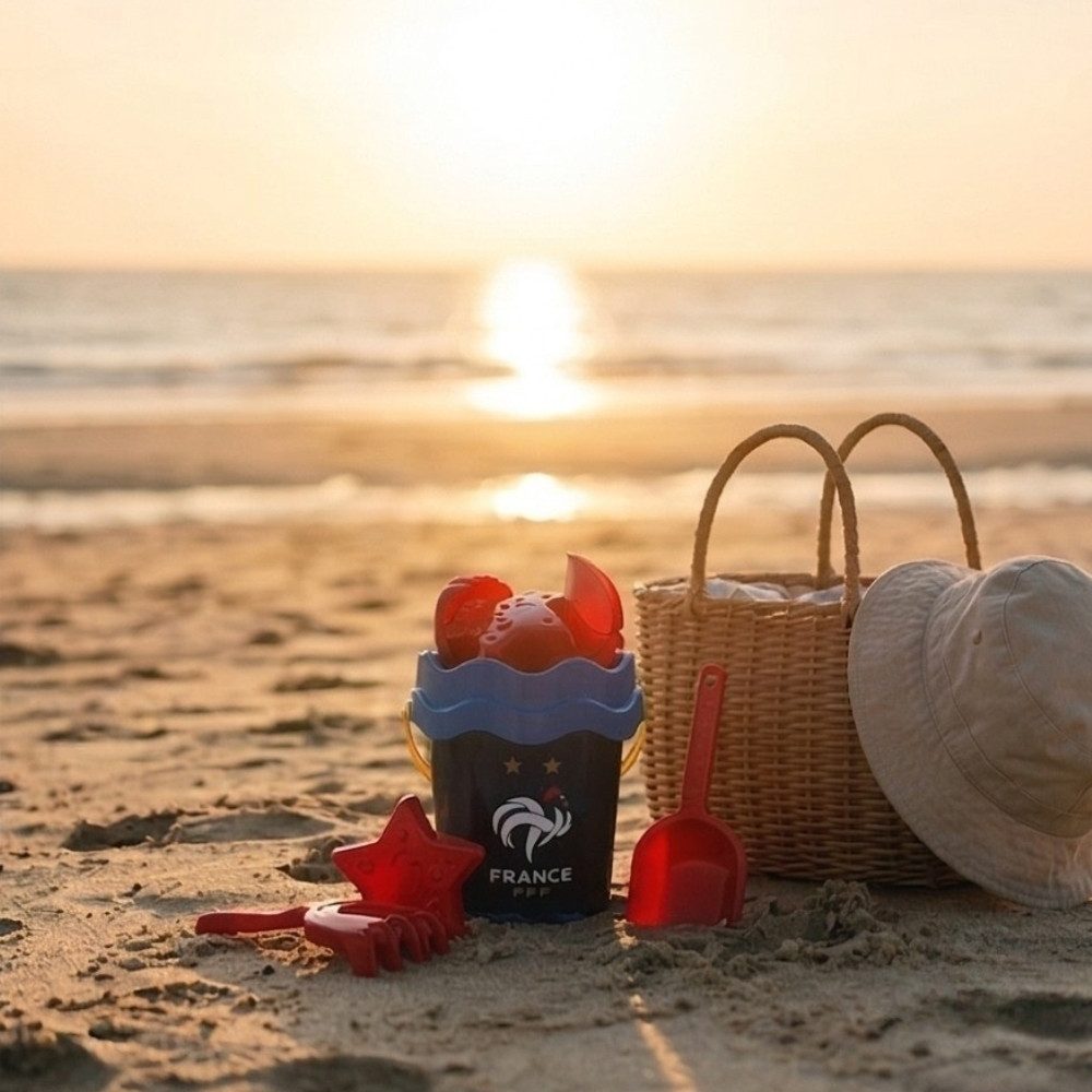 Seau de Plage Garni avec Pelle, Râteau et 2 Étoiles – Produit Officiel Équipe de France FFF, Jeu de Sable pour Enfants