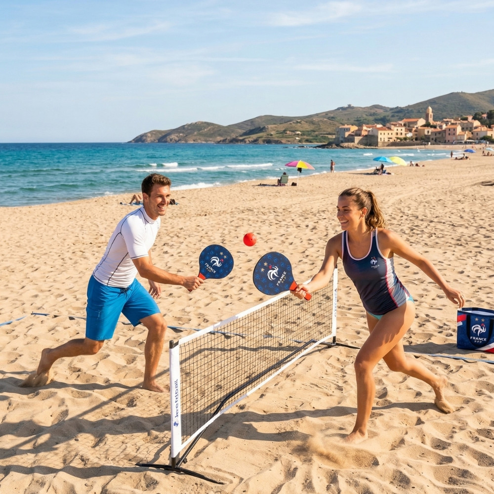 Raquette de Plage 37 cm avec Balle Rouge – Produit Officiel Équipe de France FFF, Plage & Jardin