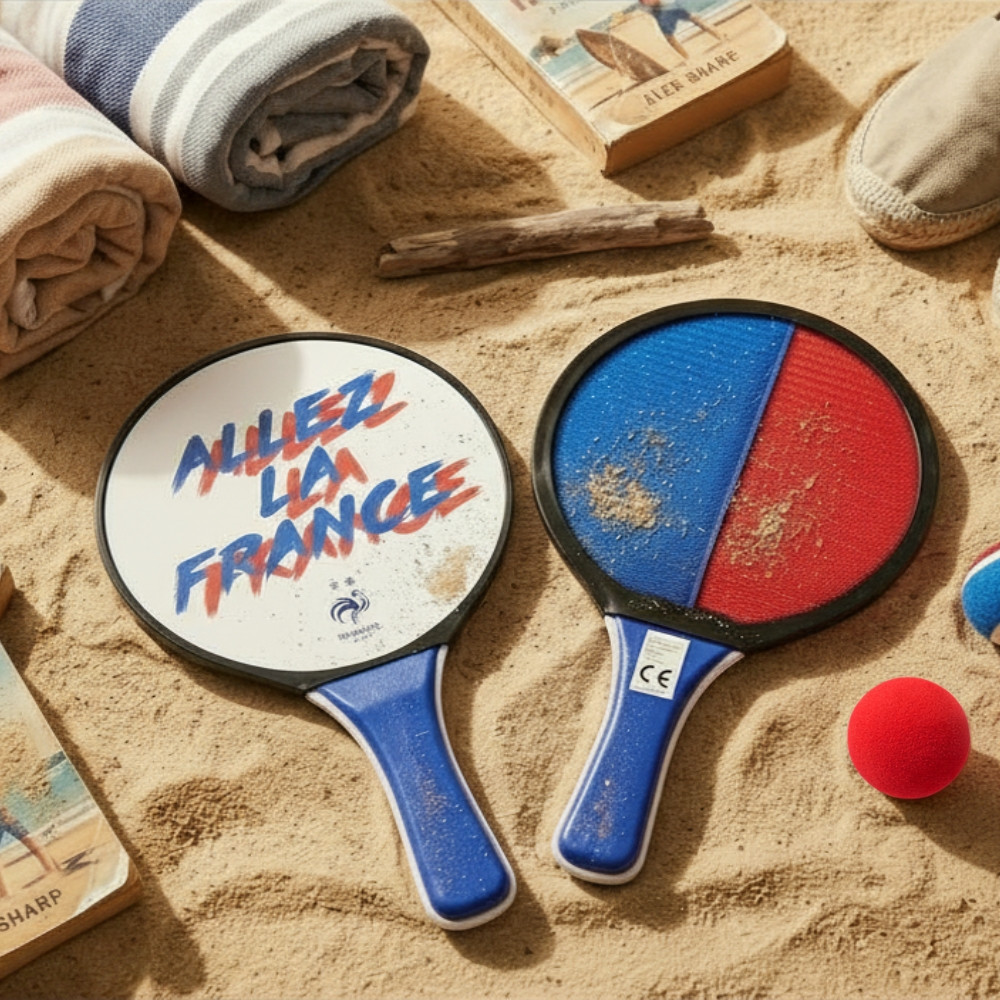 Raquette de Plage 32 cm Double Face avec 2 Balles Jeu Extérieur – Produit Officiel Équipe de France FFF, Plage et Jardin