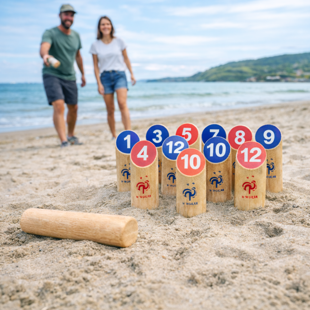 Jeu de Quilles Finlandaises en Bois – Produit Officiel Équipe de France FFF, Jeu d’Adresse en Plein Air pour Jardin
