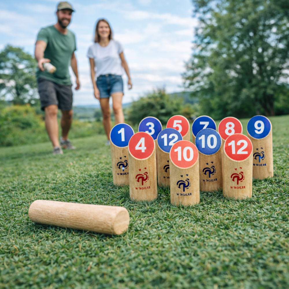 Jeu de Quilles Finlandaises en Bois – Produit Officiel Équipe de France FFF, Jeu d’Adresse en Plein Air pour Jardin