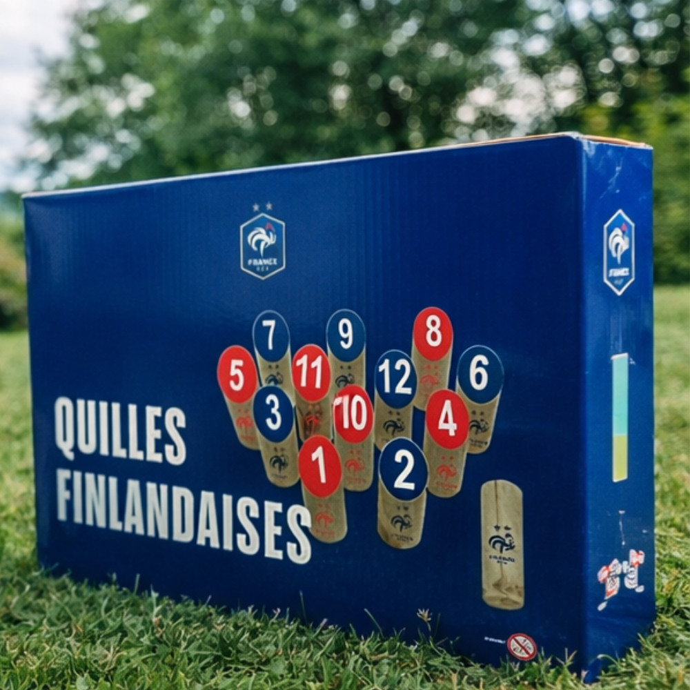 Jeu de Quilles Finlandaises en Bois – Produit Officiel Équipe de France FFF, Jeu d’Adresse en Plein Air pour Jardin