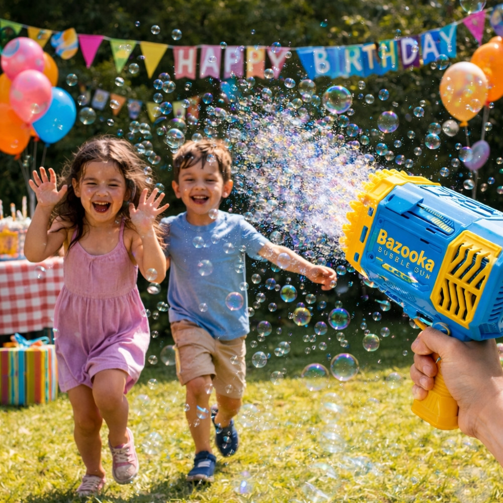 Pistolet à Bulles LED 69 Sorties Bazooka Lumineux pour Enfants – Machine à Bulles pour Jeux Extérieur Bleu et Jaune