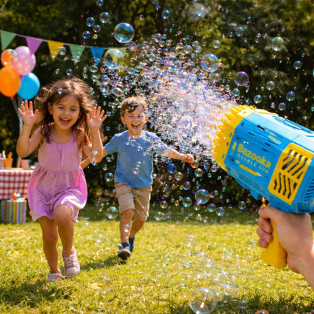 Pistolet à Bulles LED 69 Sorties Bazooka Lumineux pour Enfants – Machine à Bulles pour Jeux Extérieur Bleu et Jaune