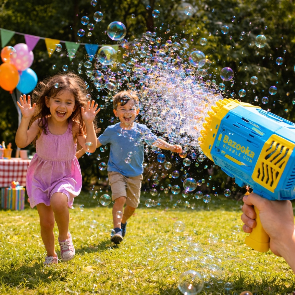 Pistolet à Bulles LED 69 Sorties Bazooka Lumineux pour Enfants – Machine à Bulles pour Jeux Extérieur Bleu et Jaune