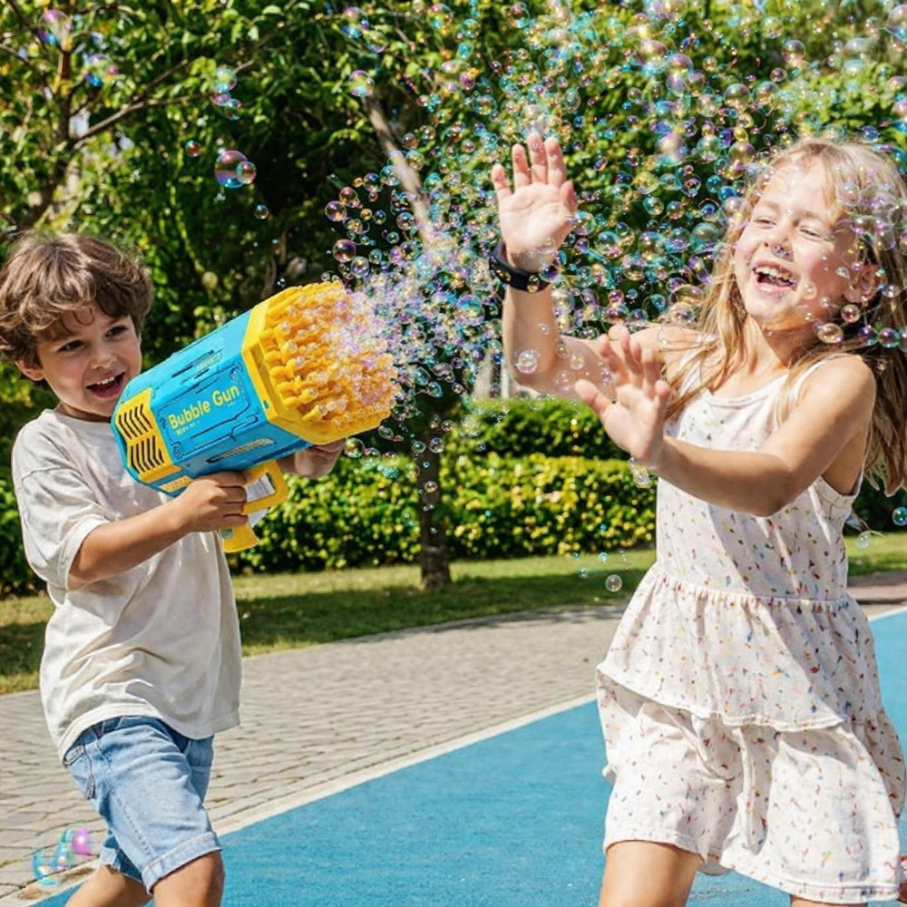 Pistolet à Bulles LED 69 Sorties Bazooka Lumineux pour Enfants – Machine à Bulles pour Jeux Extérieur Bleu et Jaune