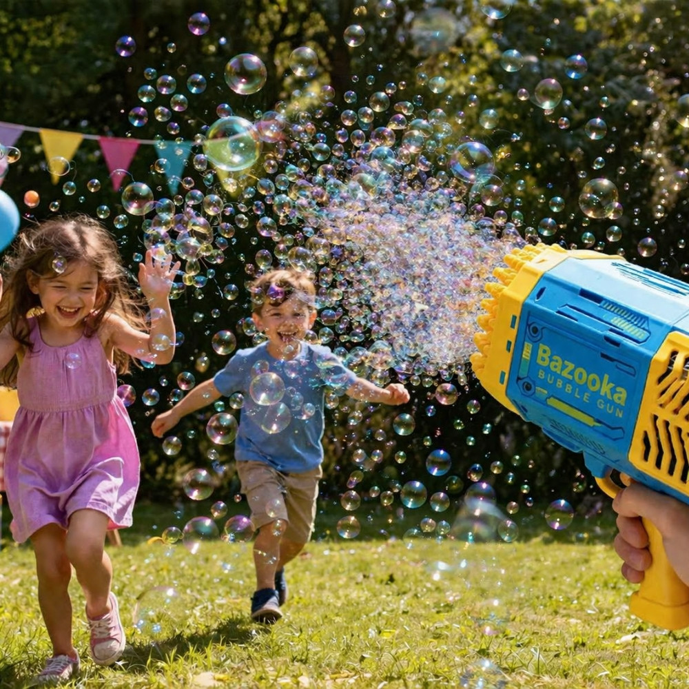 Pistolet à Bulles LED 69 Sorties Bazooka Lumineux pour Enfants – Machine à Bulles pour Jeux Extérieur Bleu et Jaune
