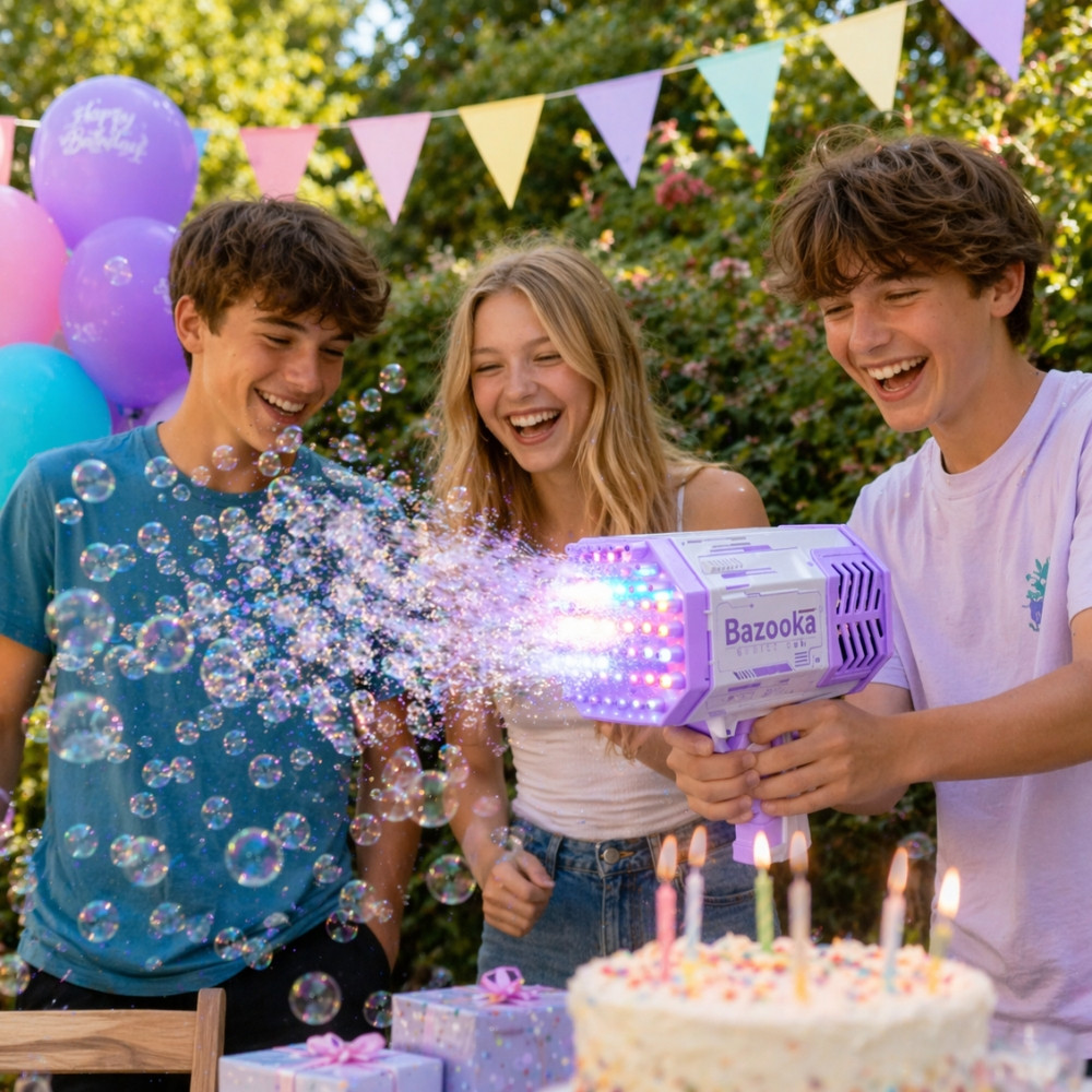 Pistolet à Bulles LED 69 Sorties Bazooka Lumineux pour Enfants – Machine à Bulles pour Jeux Extérieur Violet et Blanc
