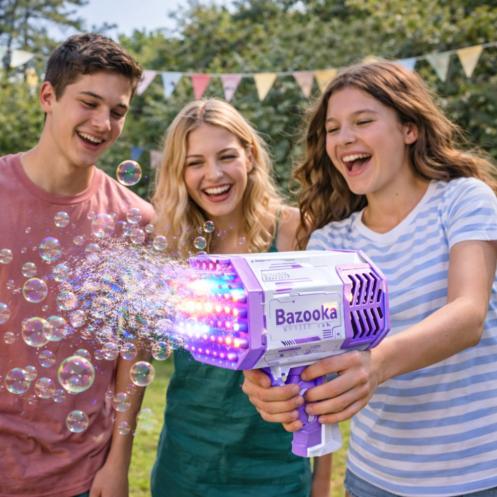 Pistolet à Bulles LED 69 Sorties Bazooka Lumineux pour Enfants – Machine à Bulles pour Jeux Extérieur Violet et Blanc