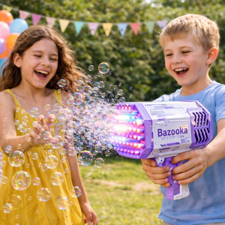 Pistolet à Bulles LED 69 Sorties Bazooka Lumineux pour Enfants – Machine à Bulles pour Jeux Extérieur Violet et Blanc