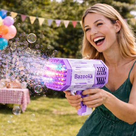 Pistolet à Bulles LED 69 Sorties Bazooka Lumineux pour Enfants – Machine à Bulles pour Jeux Extérieur Violet et Blanc