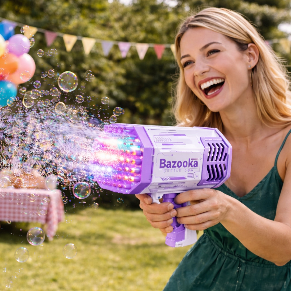 Pistolet à Bulles LED 69 Sorties Bazooka Lumineux pour Enfants – Machine à Bulles pour Jeux Extérieur Violet et Blanc