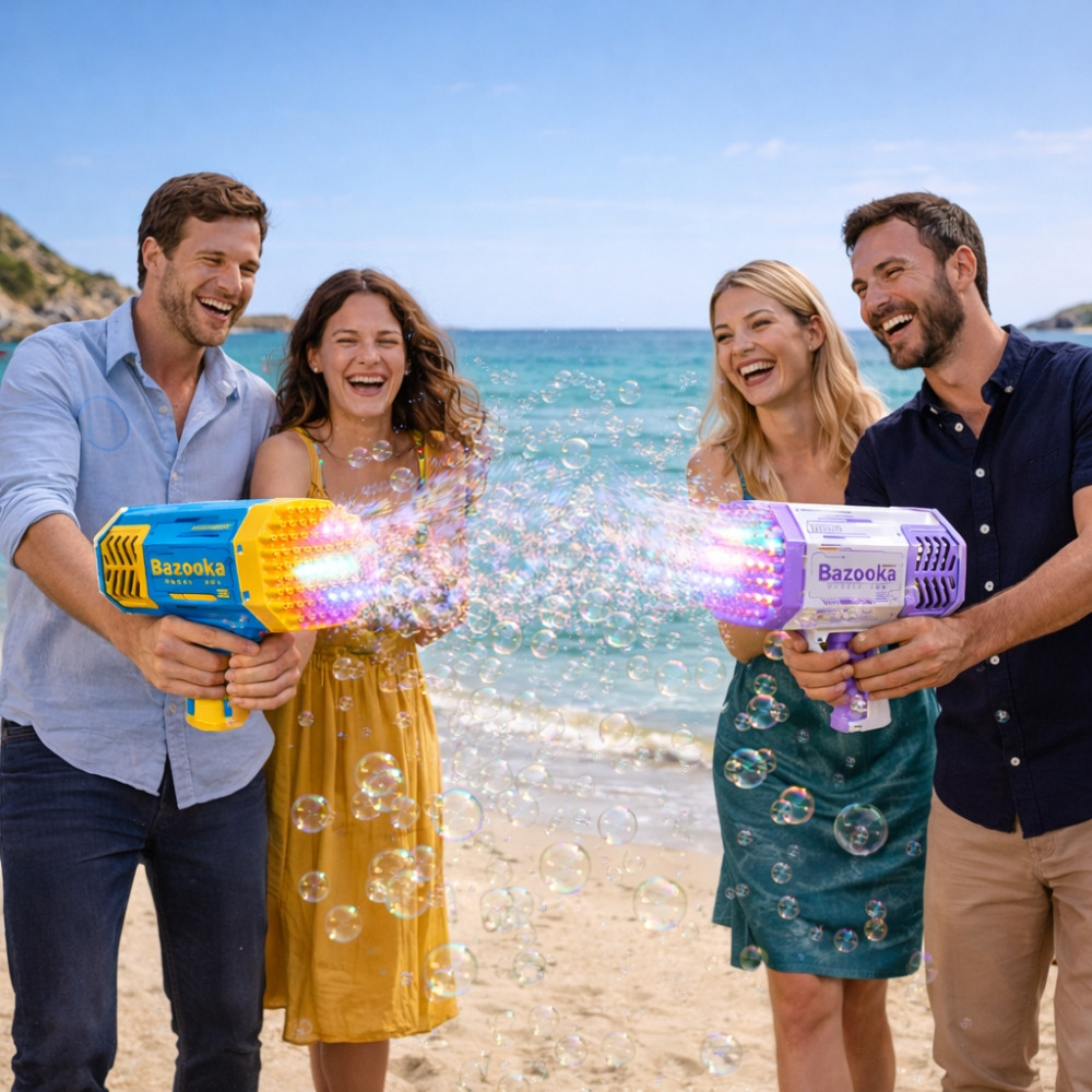 Pistolet à Bulles LED 69 Sorties Bazooka Lumineux pour Enfants – Machine à Bulles pour Jeux Extérieur Violet et Blanc