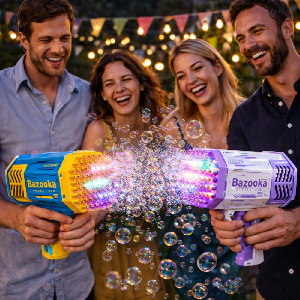 Pistolet à Bulles LED 69 Sorties Bazooka Lumineux pour Enfants – Machine à Bulles pour Jeux Extérieur Violet et Blanc