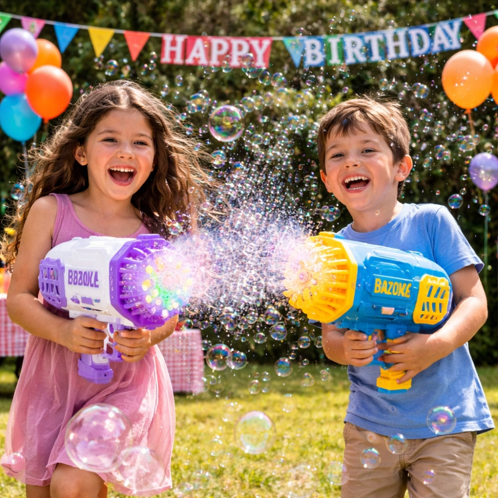 Pistolet à Bulles LED 69 Sorties Bazooka Lumineux pour Enfants – Machine à Bulles pour Jeux Extérieur Violet et Blanc