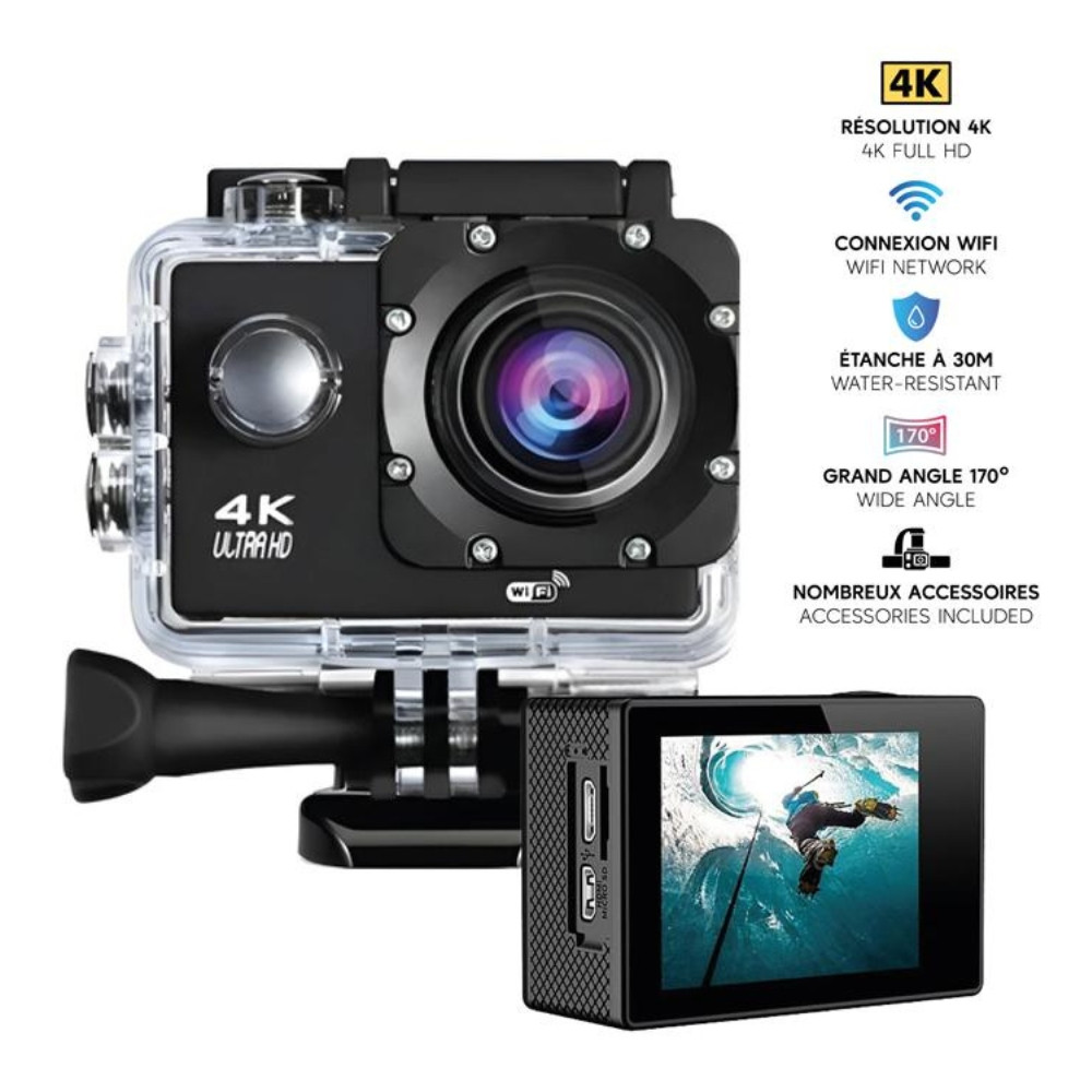 Caméra Sport 4K 30FPS WiFi Grand Angle 170° avec Stabilisation – Caméra 16MP Étanche 30 m Accessoires Sport et Aventure