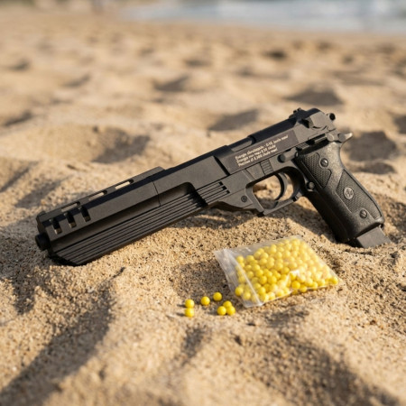 Pistolet à billes 35 cm – Réplique ludique avec chargeur long et 18 billes incluses – Tir coup par coup – Puissance 0,15 joule