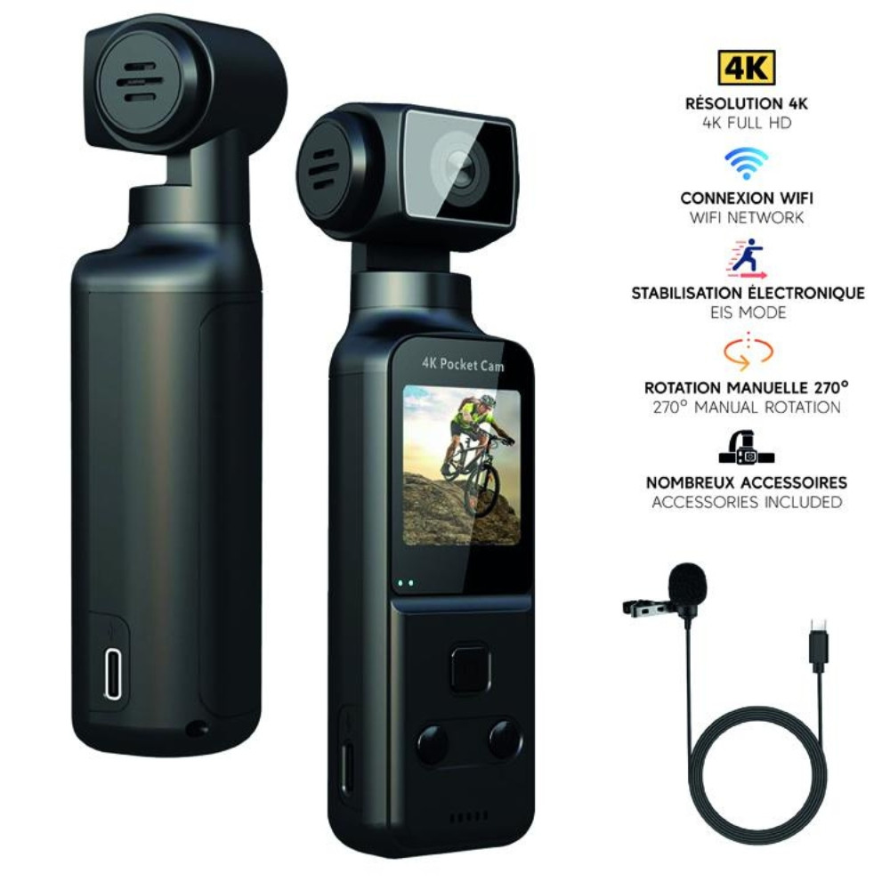 Caméra Vlog 4K WiFi EIS 60 FPS Compacte avec Microphone et Accessoires – Caméra Piéton Création de Contenu avec Rotation 270°