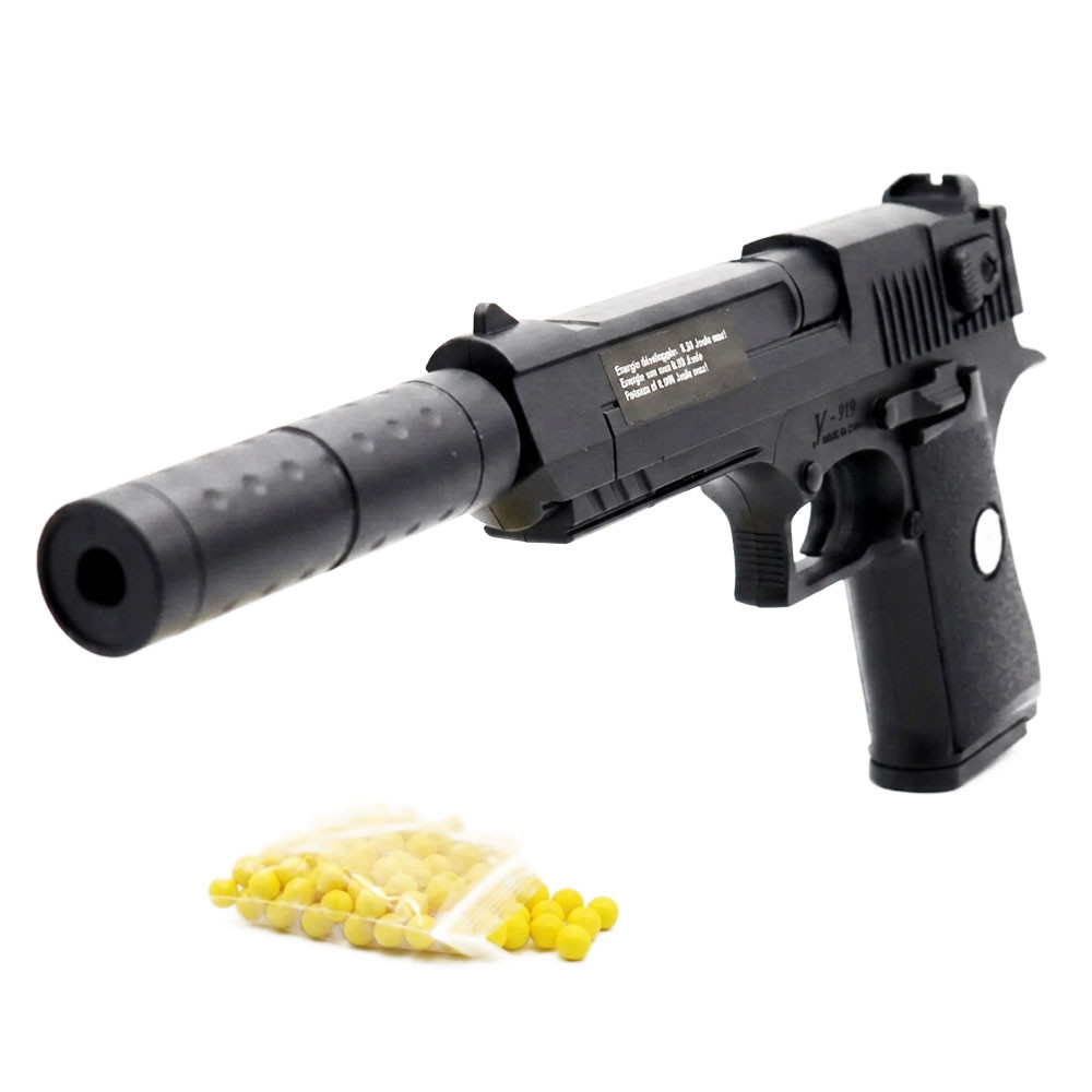 Pistolet à billes 24 cm avec silencieux et munitions incluses – Réplique 0,20 joule – Tir coup par coup – Lot de 18 billes