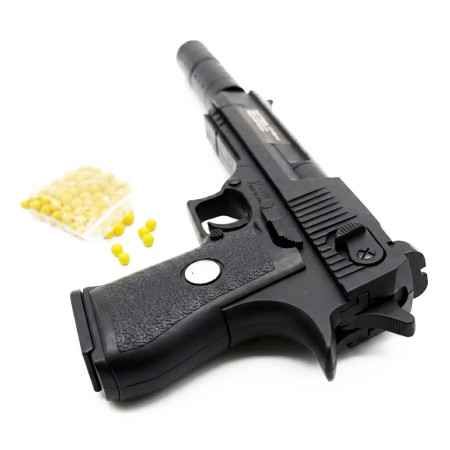 Pistolet à billes 24 cm avec silencieux et munitions incluses – Réplique 0,20 joule – Tir coup par coup – Lot de 18 billes