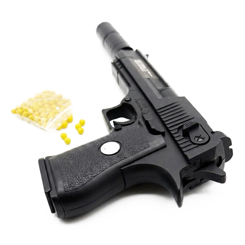 Pistolet à billes 24 cm avec silencieux et munitions incluses – Réplique 0,20 joule – Tir coup par coup – Lot de 18 billes