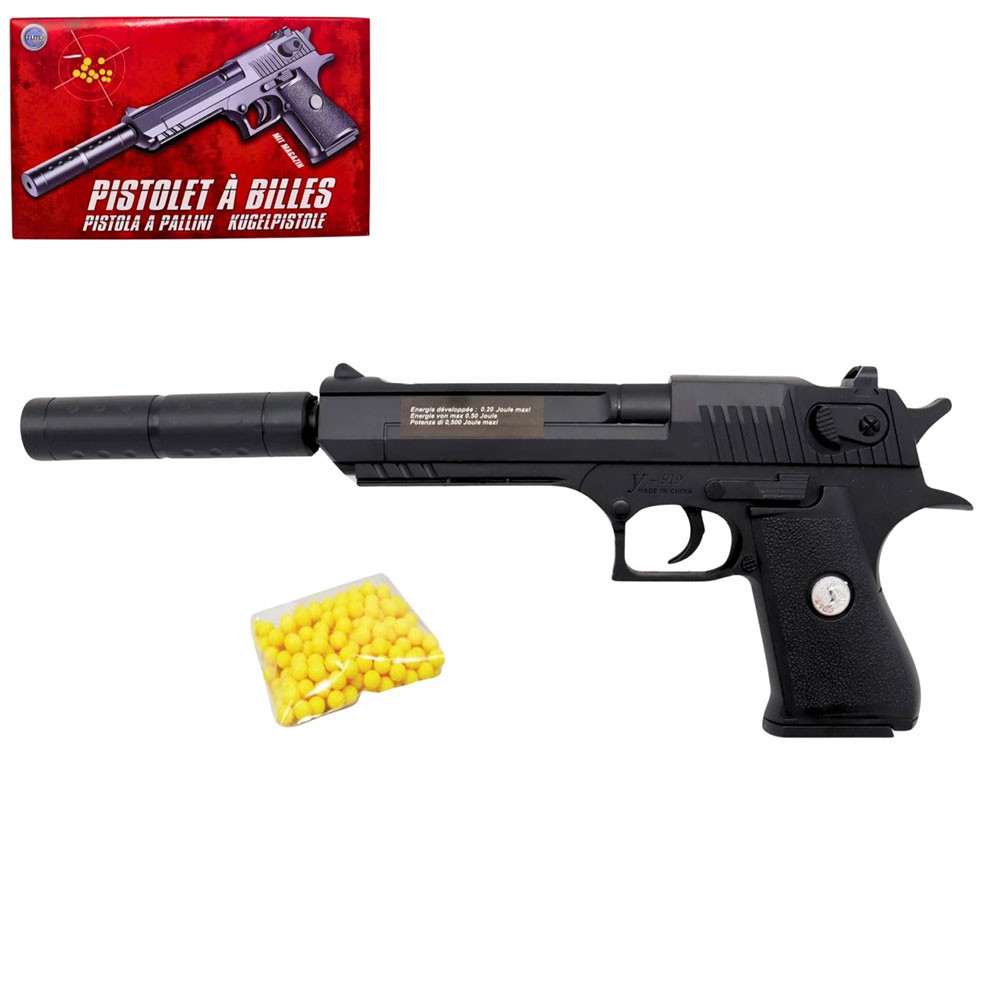 Pistolet à billes 24 cm avec silencieux et munitions incluses – Réplique 0,20 joule – Tir coup par coup – Lot de 18 billes
