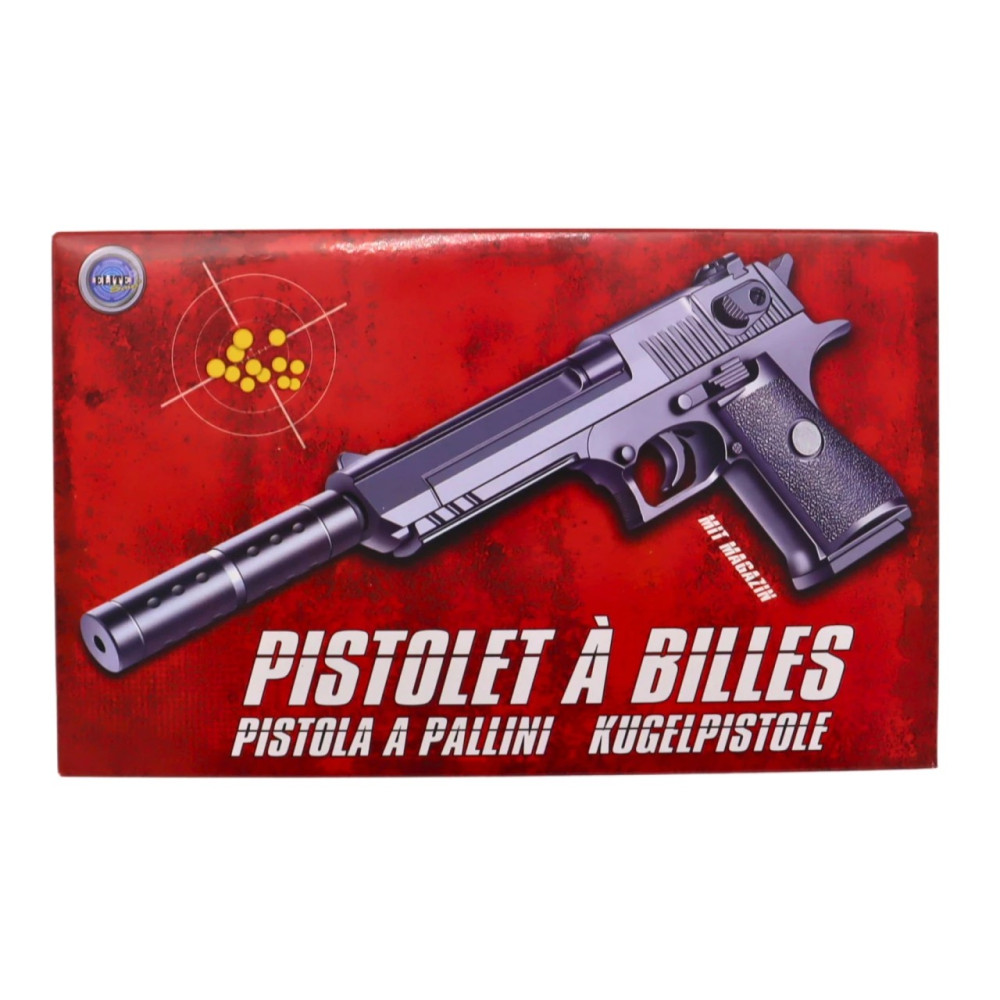 Pistolet à billes 24 cm avec silencieux et munitions incluses – Réplique 0,20 joule – Tir coup par coup – Lot de 18 billes