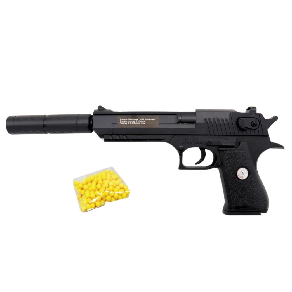 Pistolet à billes 24 cm avec silencieux et munitions incluses – Réplique 0,20 joule – Tir coup par coup – Lot de 18 billes