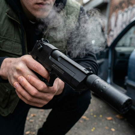 Pistolet à billes 24 cm avec silencieux et munitions incluses – Réplique 0,20 joule – Tir coup par coup – Lot de 18 billes