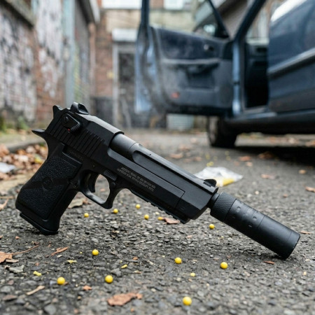 Pistolet à billes 24 cm avec silencieux et munitions incluses – Réplique 0,20 joule – Tir coup par coup – Lot de 18 billes