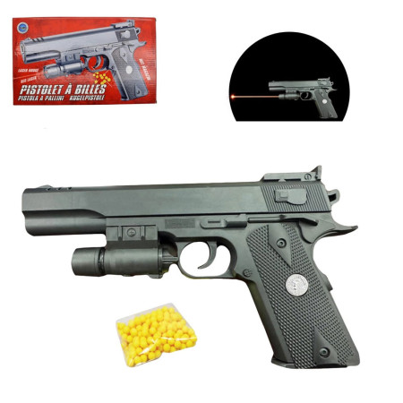 Pistolet à billes 24 cm avec laser intégré – Tir coup par coup, puissance 0,10 joule – Inclus 18 billes – Idéal tir récréatif