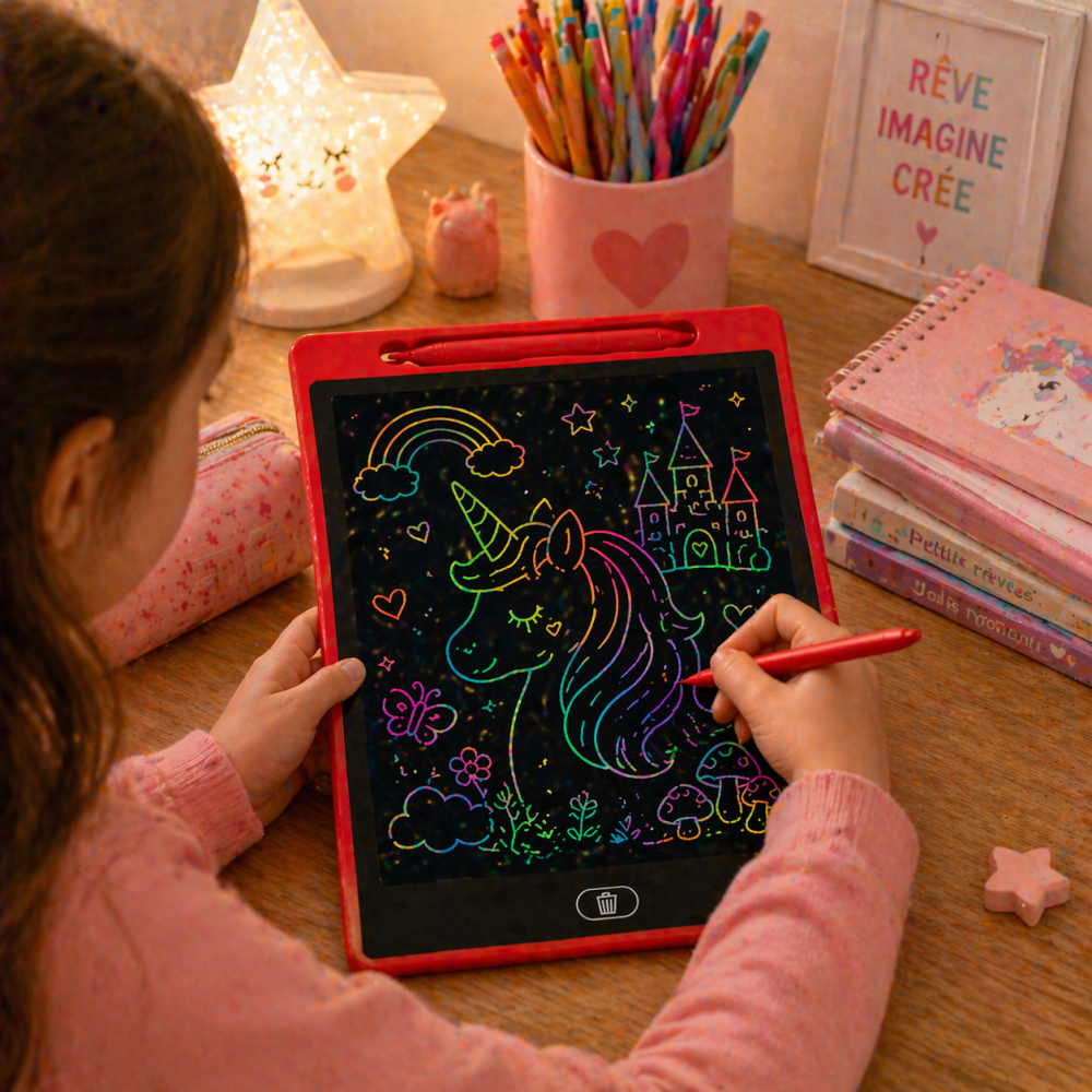 Tablette Graphique LCD 12 Pouces Couleur Enfant Effaçable Écran Écriture et Dessin – Ardoise Magique Portable Rouge 30cm