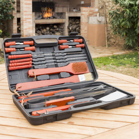 Malette Barbecue 18 Pièces Ustensiles en Acier Inoxydable Bois et Polyéthylène – Kit BBQ Complet