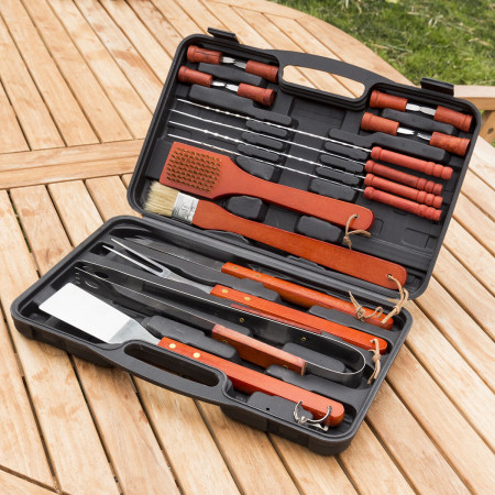 Malette Barbecue 18 Pièces Ustensiles en Acier Inoxydable Bois et Polyéthylène – Kit BBQ Complet