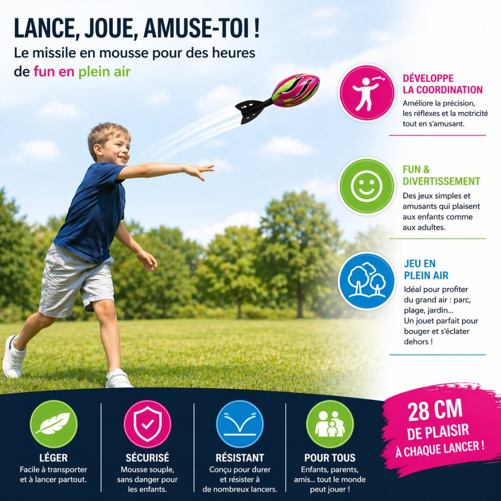 SOFTMISS28 - Jeu de Lancer Missile en Mousse Souple 28 cm à Lancer Couleur Aléatoire – Jouet d’Extérieur pour Plage