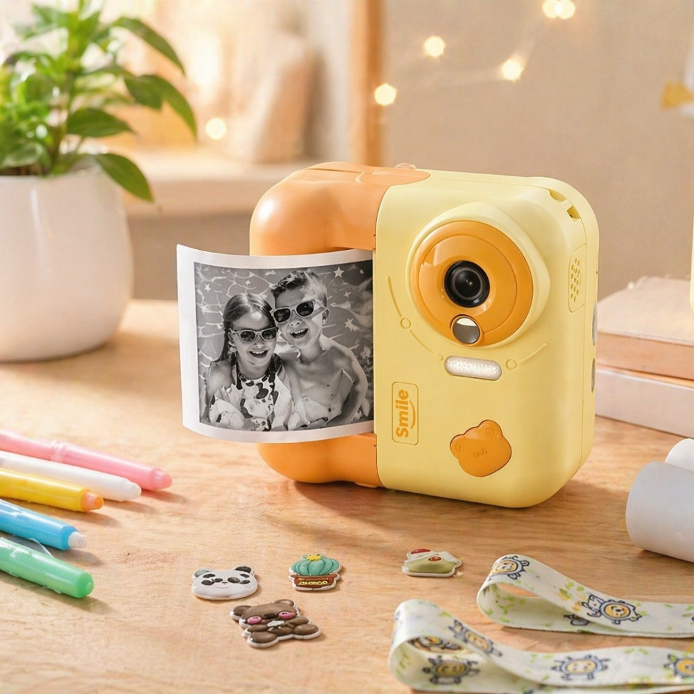 Appareil Photo Enfant Impression Instantanée 48 MP Vidéo 1080p Écran 2,4 Pouces 3 Rouleaux – Jeux et Lecteur Audio Jaune Orange