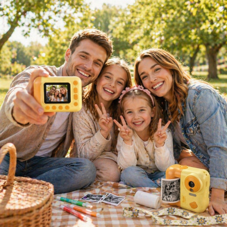 Appareil Photo Enfant Impression Instantanée 48 MP Vidéo 1080p Écran 2,4 Pouces 3 Rouleaux – Jeux et Lecteur Audio Jaune Orange