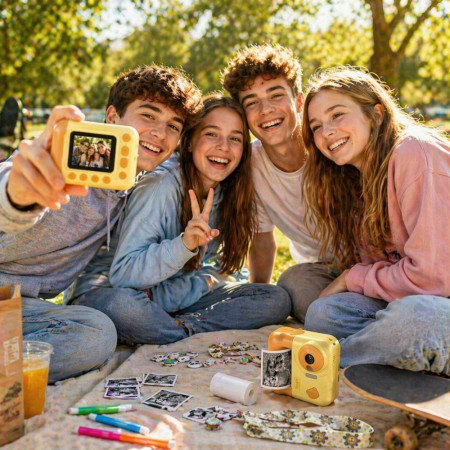 Appareil Photo Enfant Impression Instantanée 48 MP Vidéo 1080p Écran 2,4 Pouces 3 Rouleaux – Jeux et Lecteur Audio Jaune Orange