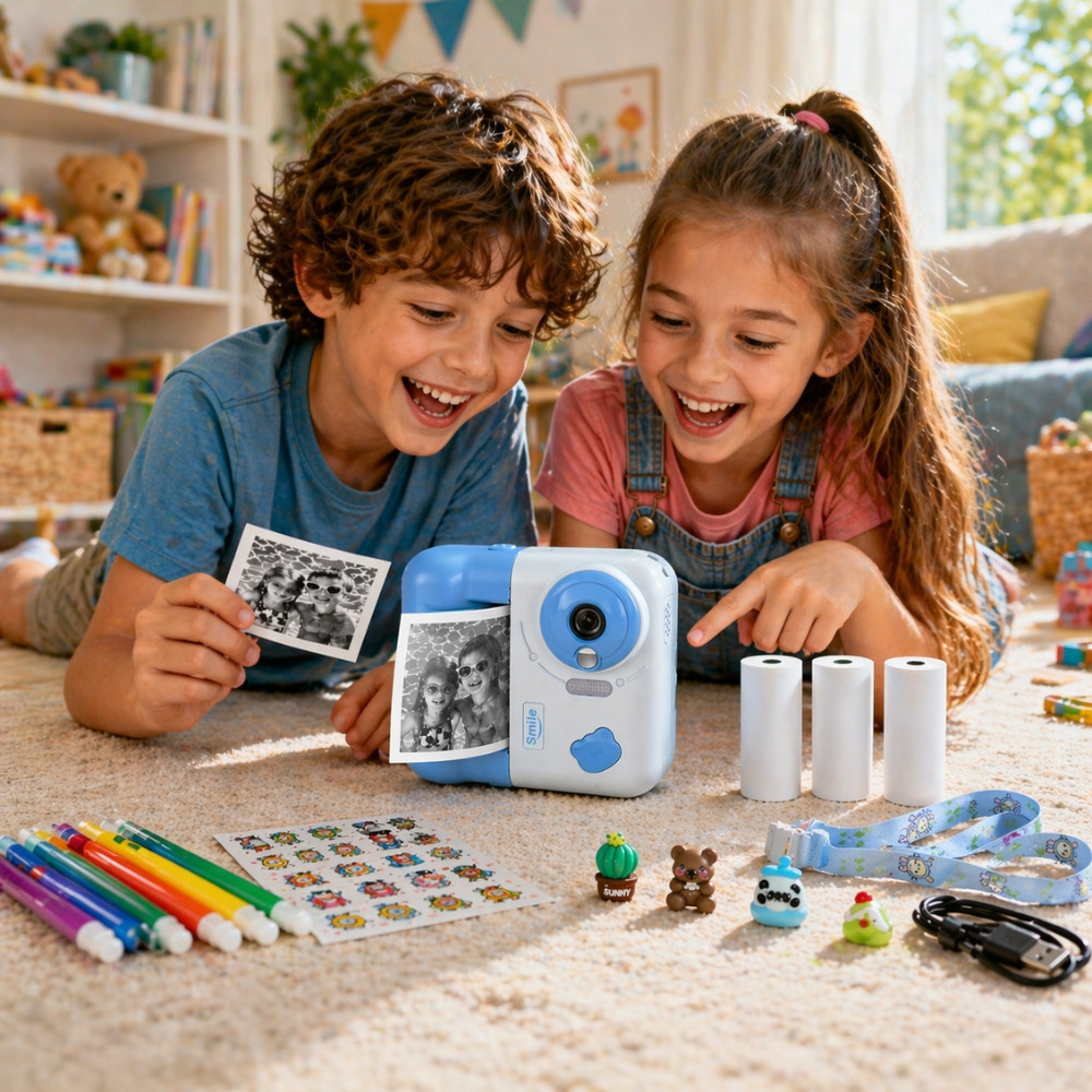 Appareil Photo Enfant Impression Instantanée 48 MP Vidéo 1080p Écran 2,4 Pouces 3 Rouleaux – Jeux et Lecteur Audio Bleu