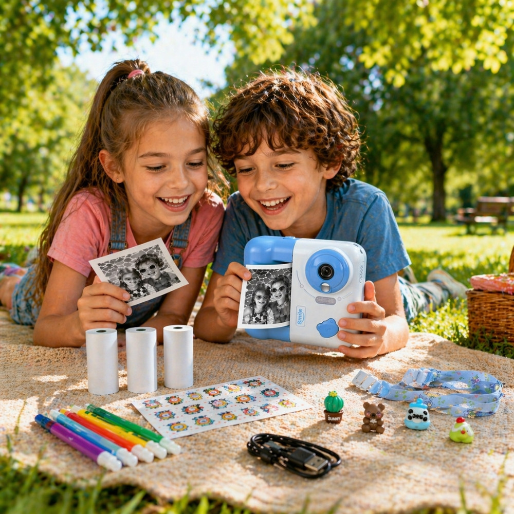 Appareil Photo Enfant Impression Instantanée 48 MP Vidéo 1080p Écran 2,4 Pouces 3 Rouleaux – Jeux et Lecteur Audio Bleu