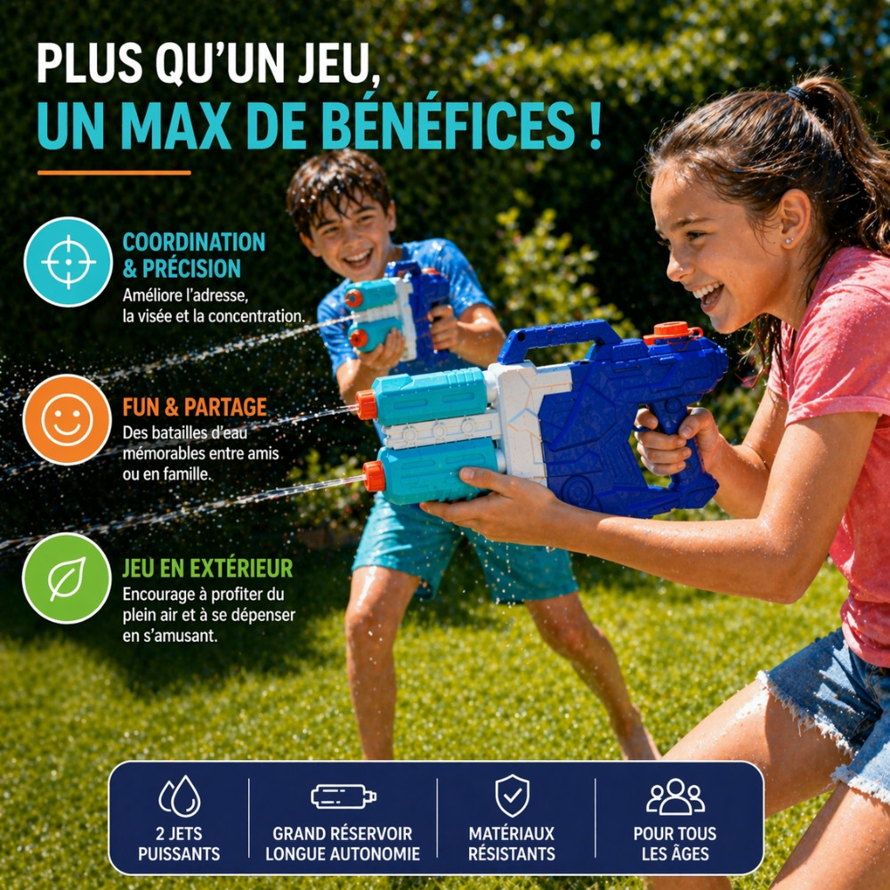 DUOJET50 - Pistolet à Eau XL 50 cm Double Jets Grande Portée Couleur Aléatoire – Jouet d’Eau pour Piscine, Plage et Jardin