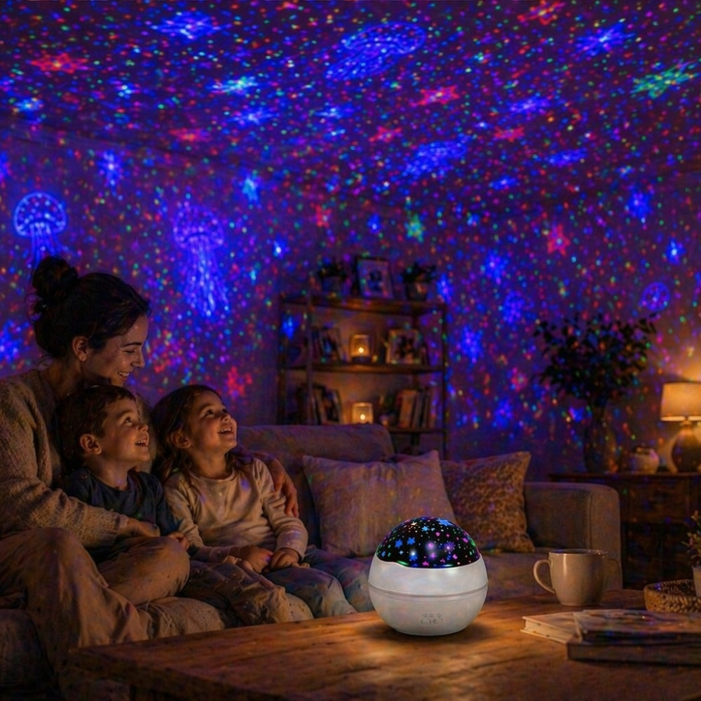 Veilleuse Projecteur Effets Lumineux 2 en 1 Ciel Étoilé et Océan – Lampe de Nuit Enfant Colorée avec 2 Globes Interchangeables