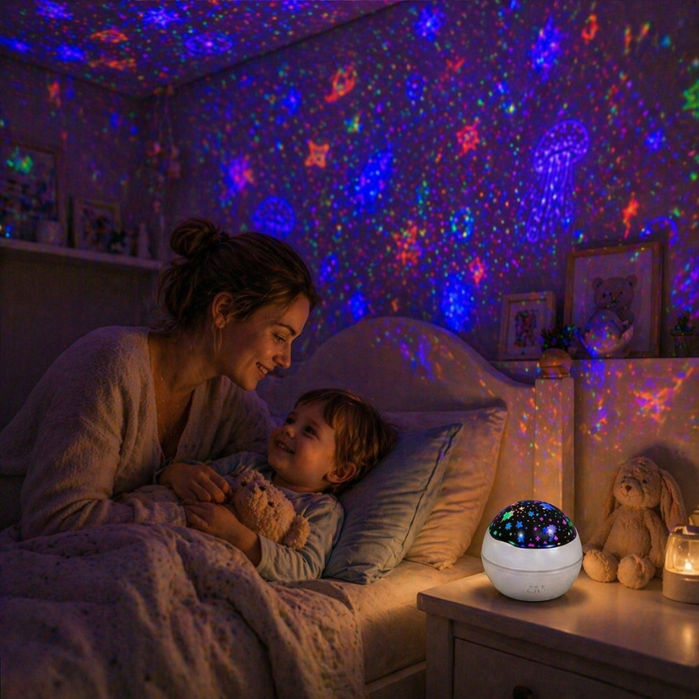 Veilleuse Projecteur Effets Lumineux 2 en 1 Ciel Étoilé et Océan – Lampe de Nuit Enfant Colorée avec 2 Globes Interchangeables