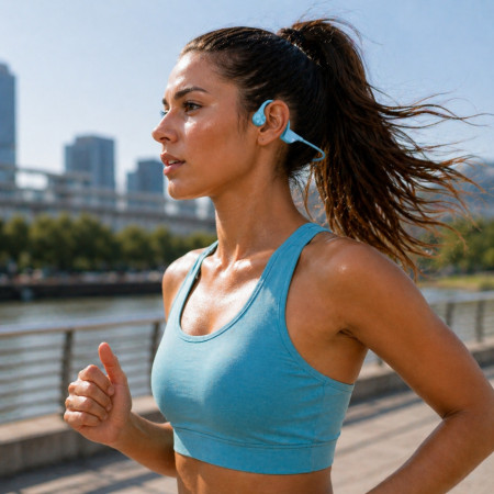 Casque à Conduction Osseuse Bluetooth 5.2 Bleu– Écouteurs Oreilles Libres pour Musique et Appels, Design Sport